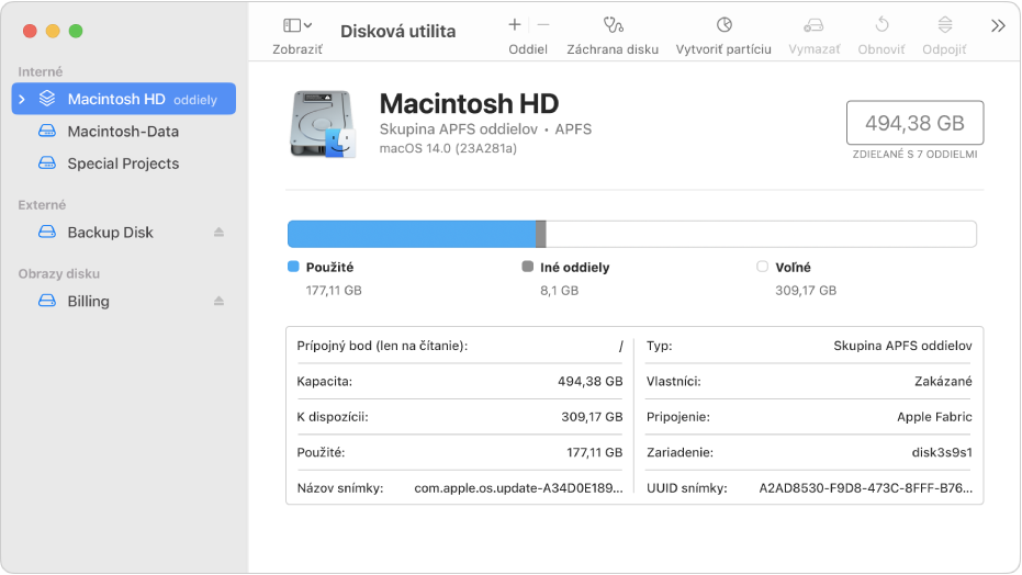 Okno Diskovej utility zobrazujúce dva APFS oddiely na internom disku, oddiel na externom disku a obraz disku.