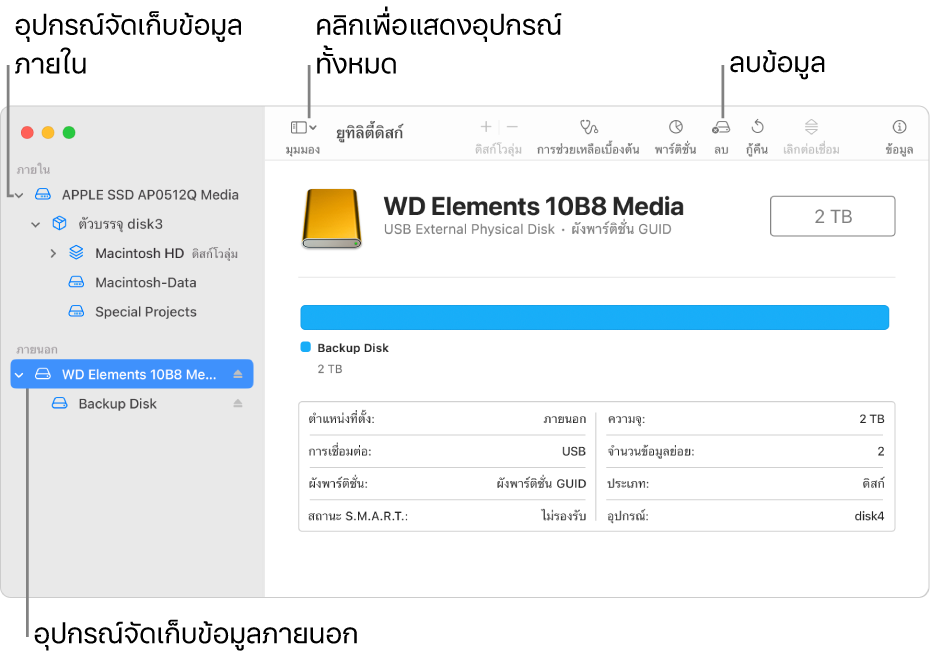 หน้าต่างยูทิลิตี้ดิสก์ที่แสดงอุปกรณ์จัดเก็บข้อมูลสองอุปกรณ์ในมุมมองแสดงอุปกรณ์ทั้งหมด