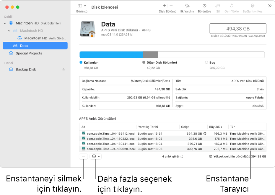 Anlık görüntü tarayıcıyı gösteren Disk İzlencesi penceresi.