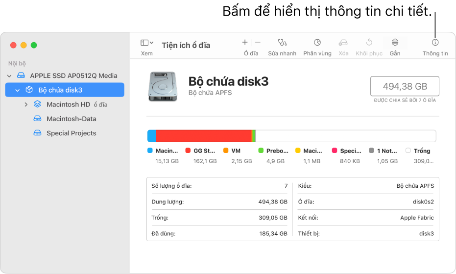 Cửa sổ Tiện ích ổ đĩa đang hiển thị thiết bị lưu trữ được chọn trong thanh bên và thông tin về thiết bị được hiển thị ở bên phải.