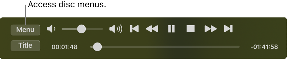 The Menu button is in the top-left corner of the DVD Player playback controls. Click the Menu button to access the disc menus.