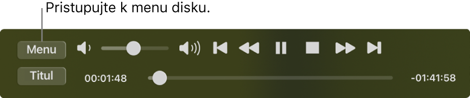 Tlačidlo Menu sa nachádza v ľavom hornom rohu ovládacích prvkov prehrávania apky DVD Player. Kliknutím na tlačidlo Menu získate prístup k menu disku.