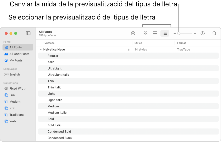 Finestra Catàleg Tipogràfic amb la barra d’eines, en què es mostren botons per seleccionar com es previsualitzaran els tipus de lletra i un regulador vertical per canviar la mida de les previsualitzacions.