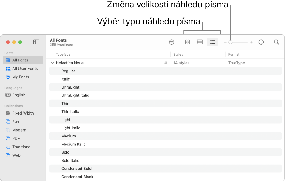 Okno Kniha písem s panelem nástrojů zobrazujícím tlačítka pro výběr typu ukázky písma a svislý jezdec pro změnu velikosti ukázky