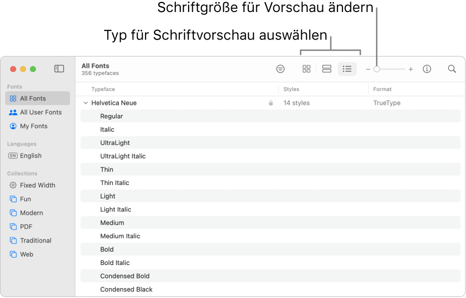Das Fenster „Schriftsammlung“ mit Tasten in der Symbolleiste zum Auswählen der Schriftvorschau und einem vertikalen Regler zum Ändern der Vorschaugröße.