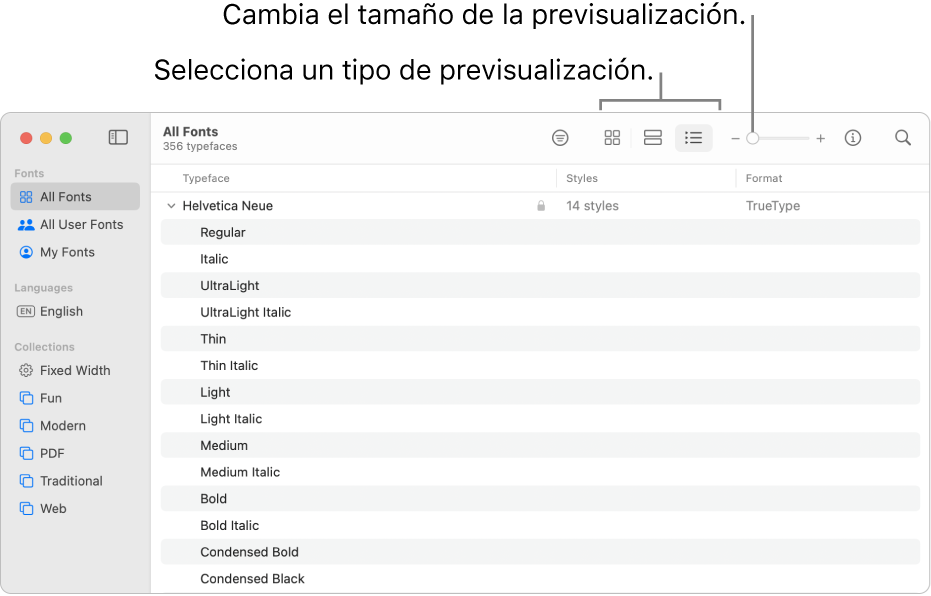 La ventana de Catálogo Tipográfico con la barra de herramientas mostrando botones para elegir el tipo de vista previa de los tipos de letra, y un regulador vertical para cambiar el tamaño de la vista previa.