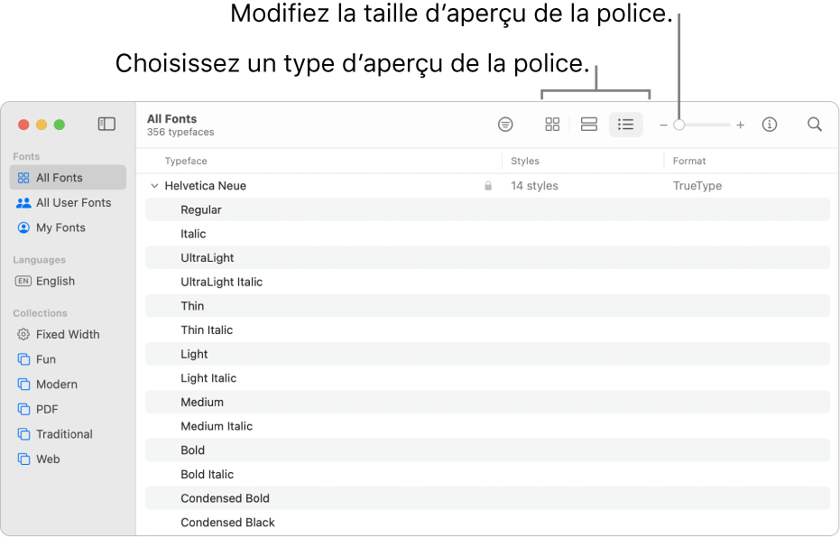 La fenêtre « Livre des polices » avec la barre dʼoutils affichant des boutons pour choisir le type d’aperçu des polices et un curseur vertical pour changer la taille de l’aperçu.