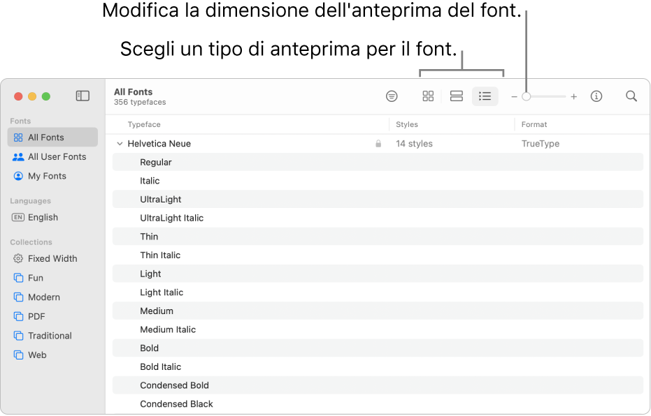 La finestra di Libro Font, con la barra strumenti che mostra i pulsanti per scegliere il tipo di anteprima font e un cursore verticale per cambiare le dimensioni dell’anteprima.