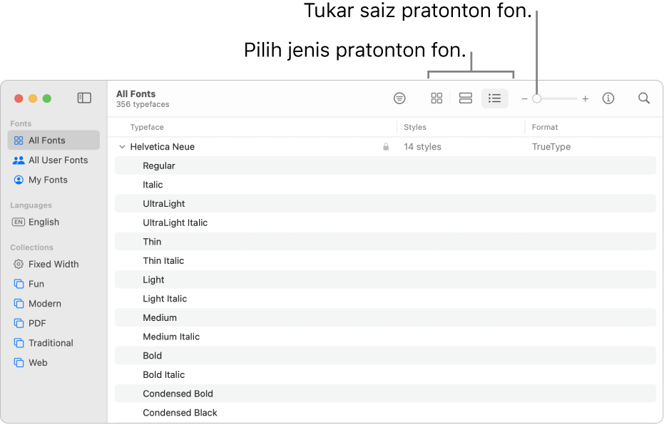 Tetingkap Buku Fon dengan bar alat menunjukkan butang untuk memilih jenis pratonton fon dan gelangsar menegak untuk menukar saiz pratonton.