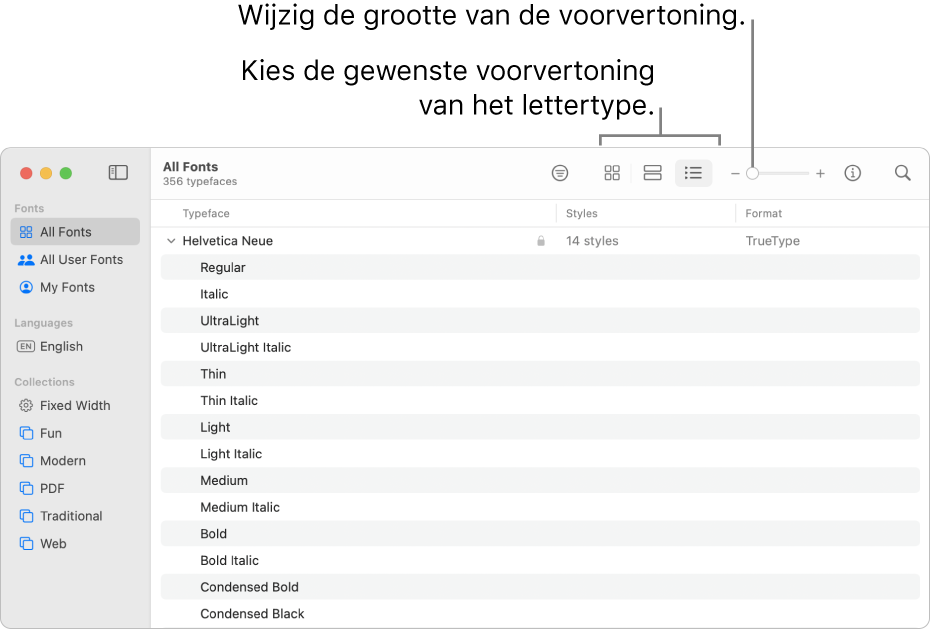 Het venster van Lettertypecatalogus met in de knoppenbalk knoppen voor het kiezen van de soort voorvertoning en een verticale schuifknop voor het wijzigen van de grootte van de voorvertoning.