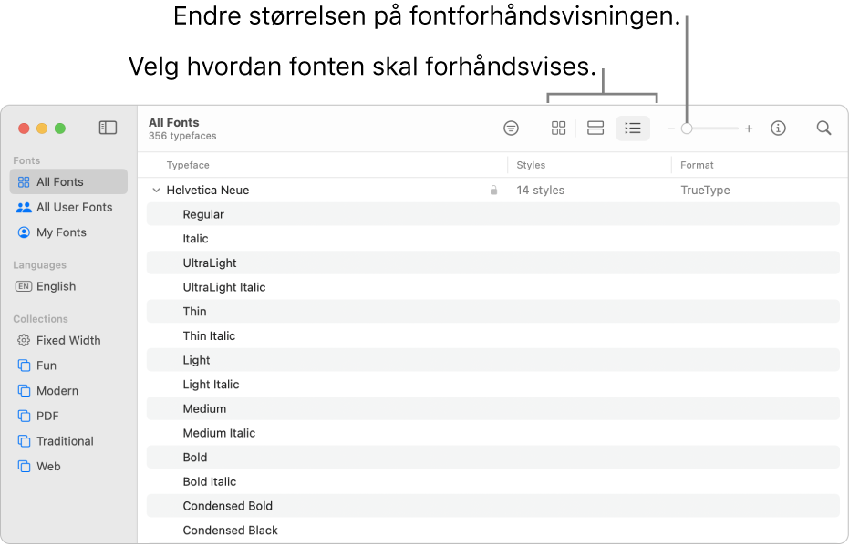 Fontbok-vinduet med verktøylinjen som viser knapper for valg av type forhåndsvisning og en vertikal skyveknapp for å endre størrelse på forhåndsvisningen.