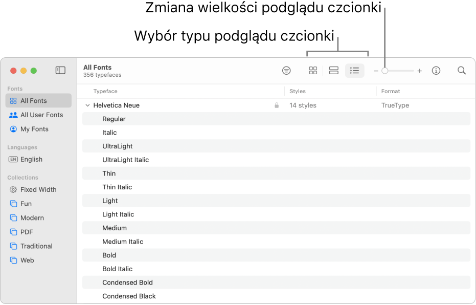 Okno Albumu z czcionkami, zawierające pasek narzędzi z przyciskami wyboru typu podglądu czcionki oraz pionowy suwak zmiany wielkości podglądu.