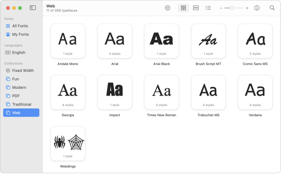 Janela do Catálogo de Fontes mostrando a coleção Web selecionada na barra lateral.
