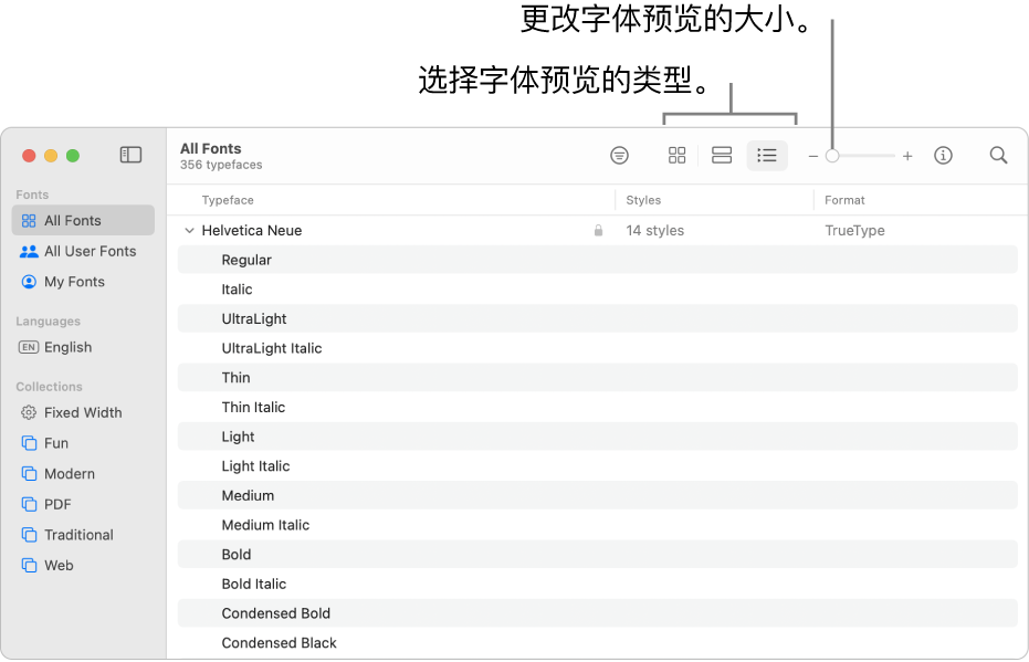 “字体册”窗口包含的工具栏显示用来选取字体预览类型的按钮，以及用于更改预览大小的垂直滑块。