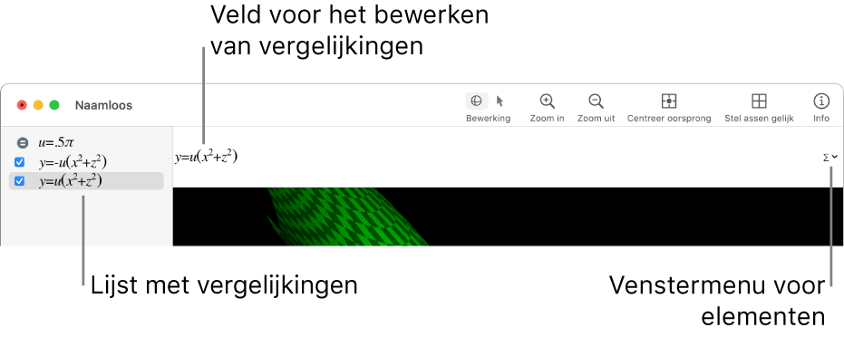 Een vergelijking die is geselecteerd in Grapher.