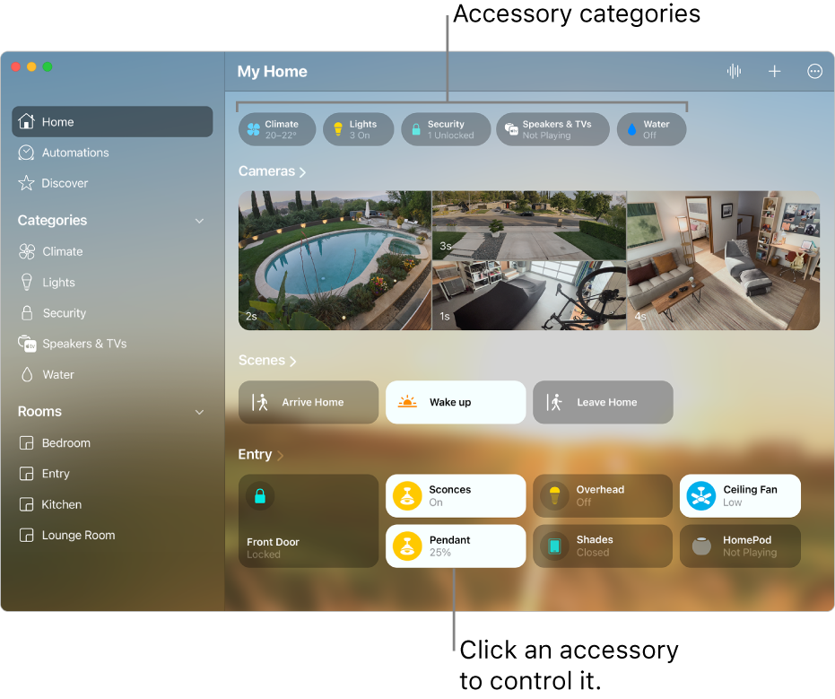 The Home Screen displaying accessory categories along the top, followed by camera feeds, scene tiles and accessory tiles in the room “Entry”.