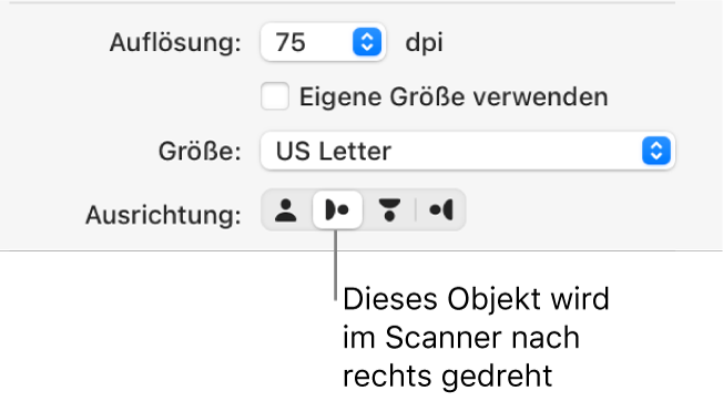 Die Ausrichtungstasten im Scannerfenster. Eine hervorgehobene Tasten bedeutet, dass ein Objekt auf dem Scanner nach rechts gedreht wird.