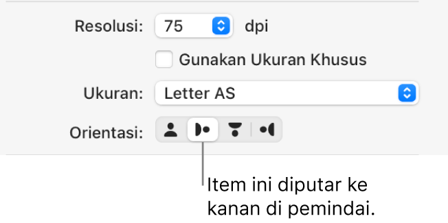 Tombol Orientasi di jendela Pemindai. Tombol yang disorot menandakan item diputar ke kanan di pemindai.