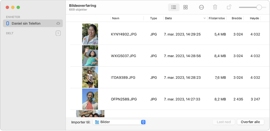 Bildeoverføring-vinduet med bilder som skal importeres fra en iPhone.