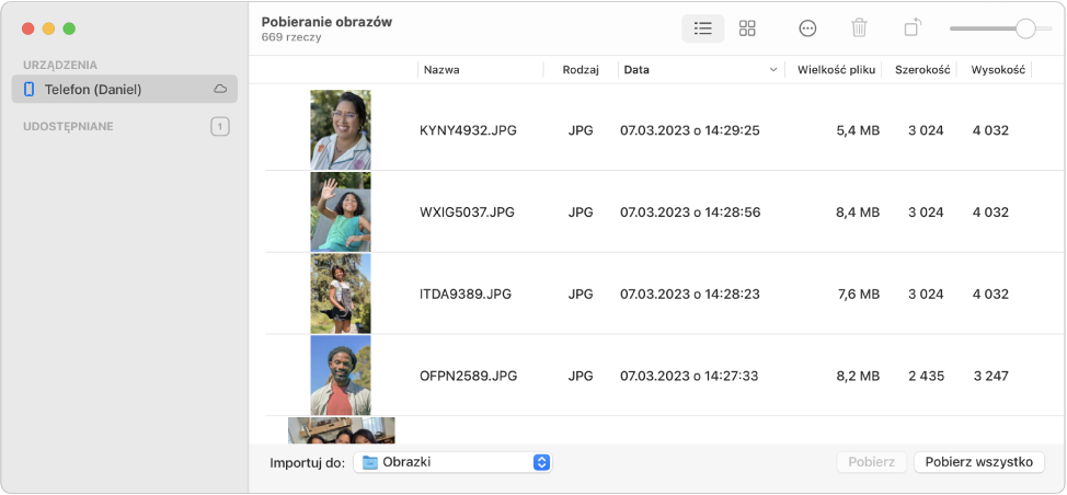 Okno aplikacji Pobieranie obrazów, wyświetlające zdjęcia przeznaczone do zaimportowania z iPhone'a.