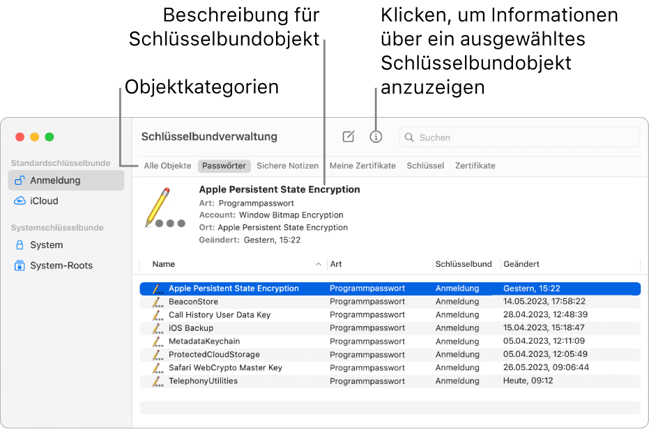 Das Fenster „Schlüsselbundverwaltung“. Links ist eine Liste mit deinen Schlüsselbunden zu sehen. Oben rechts befindet sich eine Liste der Kategorien der Objekte, die sich im ausgewählten Schlüsselbund befinden (z. B. Passwörter). Unten rechts werden die Objekte in der ausgewählten Kategorie aufgelistet und über der Objektliste wird eine Beschreibung des ausgewählten Objekts angezeigt.