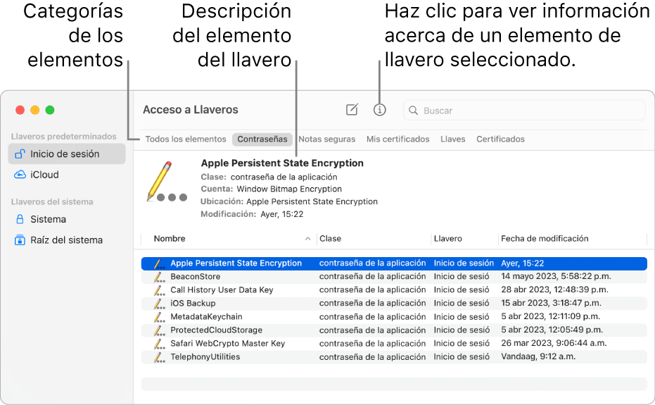 La ventana de Acceso a Llaveros. En el lado izquierdo hay una lista de tus llaveros. En la parte superior derecha hay una lista de las categorías de elementos que hay en el llavero seleccionado (como Contraseñas). En la parte inferior derecha hay una lista de los elementos que hay en la categoría seleccionada, y arriba se encuentra una descripción del elemento seleccionado.