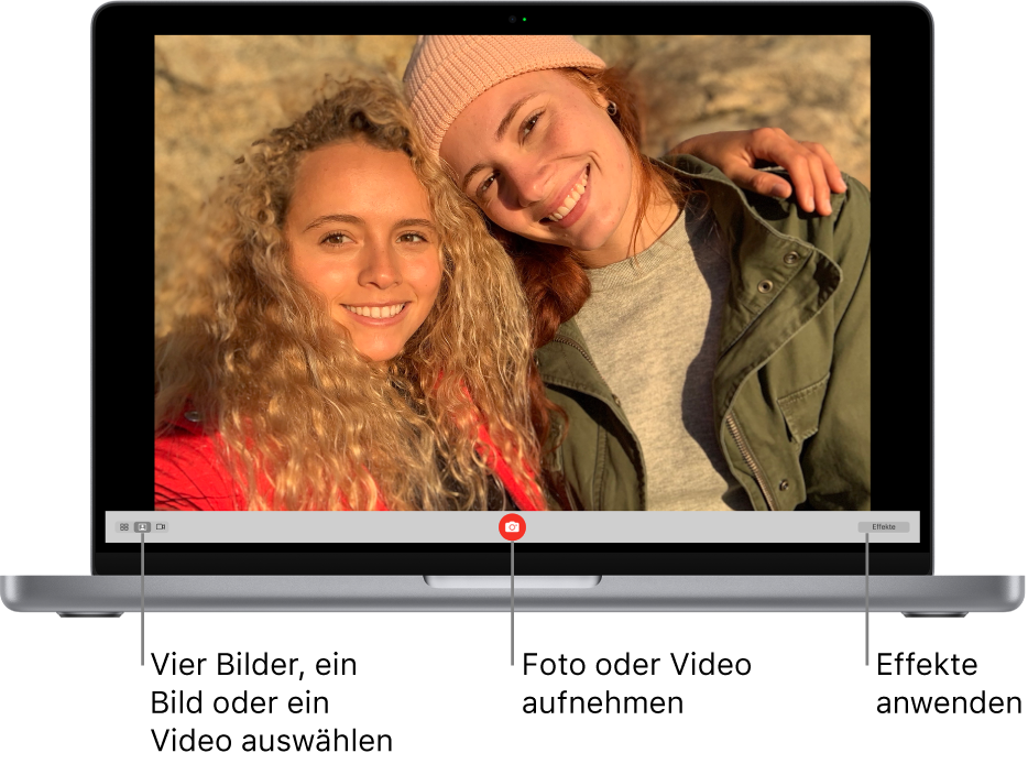 Photo Booth-Fenster mit der Taste „Foto aufnehmen“ im unteren Bereich. Unten links im Fenster ist die Option „Einzelnes Foto“ ausgewählt. Die Taste „Effekte“ befindet sich unten rechts im Fenster.