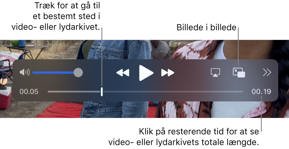 Betjeningspanelet til afspilning i QuickTime Player. Langs toppen vises lydstyrkejusteringen og knapperne Spol tilbage, Afspil/pause, Spol frem, Vælg skærm, Billede i billede samt Del og Afspilningshastighed. Nederst vises afspilningsmærket, som du kan trække i for at gå til et bestemt sted i arkivet. Nederst til højre vises den resterende tid i arkivet.