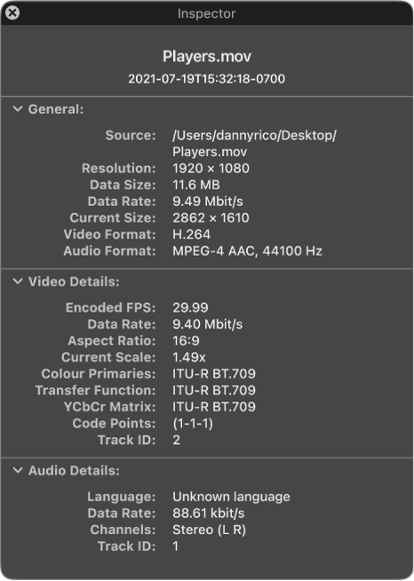 The Movie Inspector showing general information about the file including resolution, data size, and video and audio format. The window also shows video and audio details about the selected file.