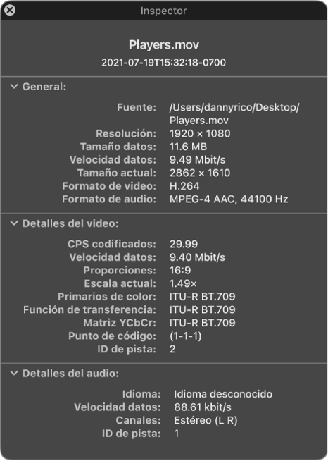 El inspector de videos mostrando información general sobre el archivo, como la resolución, el tamaño y el formato de audio y video. La ventana también muestra los detalles sobre el audio y video del archivo seleccionado.