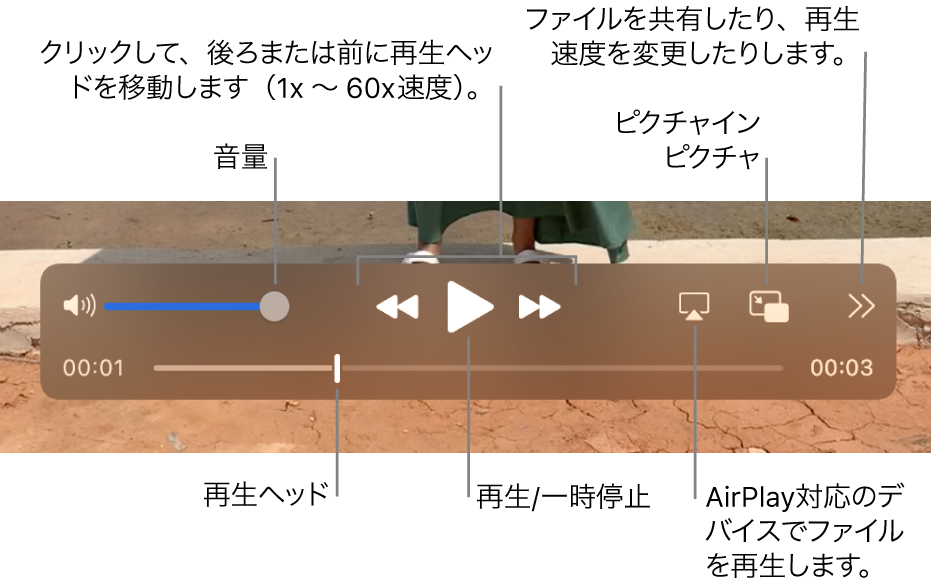 音量、早戻し、再生、早送り、AirPlay対応デバイスでのファイルの再生、再生速度の変更のコントロール。