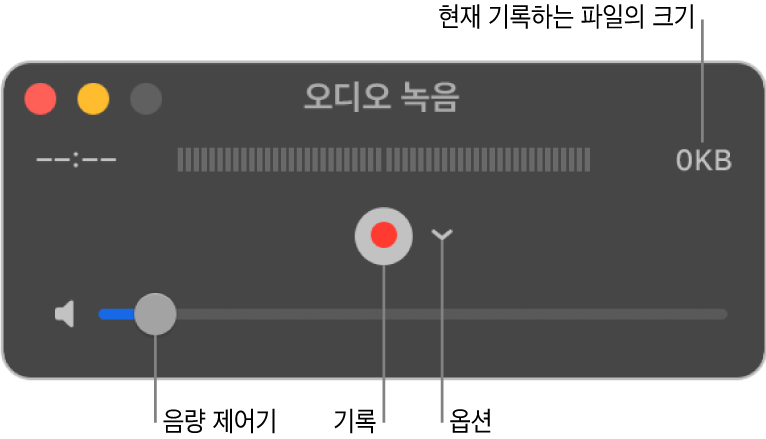 기록 버튼이 있는 오디오 녹음 윈도우, 중앙에 옵션 팝업 메뉴가 표시되어 있고 하단에 음량 제어기가 표시되어 있습니다.