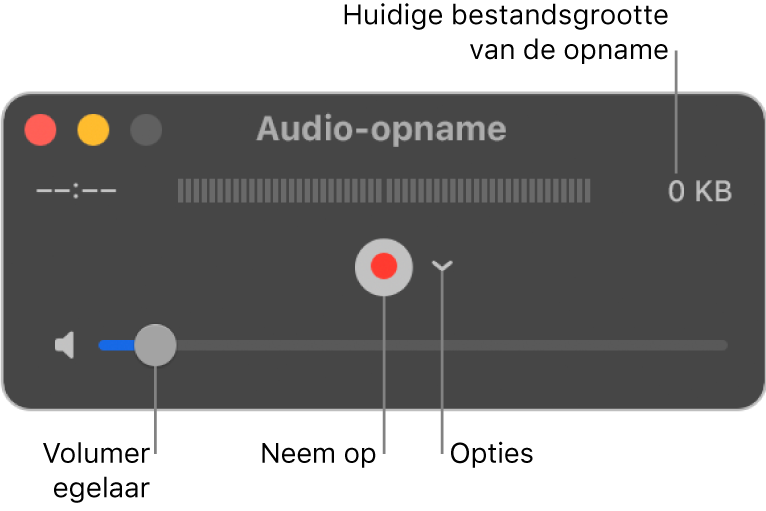 Het venster 'Audio-opname' met in het midden de opnameknop en het venstermenu 'Opties', en onderin de volumeregelaar.