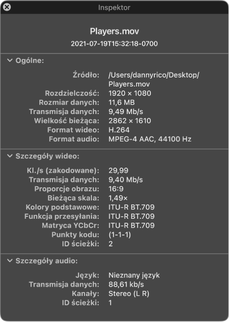 Inspektor filmu pokazujący ogólne informacje o filmie, w tym rozdzielczość, wielkość danych oraz format wideo i audio. W oknie widoczne są także szczegóły dotyczące wideo oraz audio w zaznaczonym pliku.