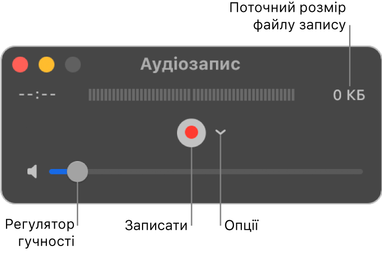 Вікно «Аудіозапис» із кнопкою «Записати» і спливним меню «Параметри» посередині вікна і регулятором гучності внизу.