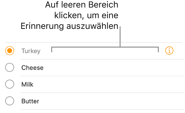 Klicke auf den leeren Bereich rechts neben dem Namen einer Erinnerung, um die Erinnerung auszuwählen.