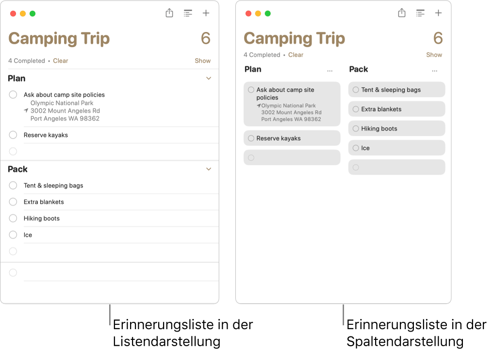 Links wird eine Erinnerungsliste als Liste dargestellt. Rechts ist dieselbe Erinnerungsliste in der Spaltendarstellung zu sehen. Die Erinnerungsliste hat zwei Abschnitte. Die Abschnittstitel werden als Spaltentitel verwendet.