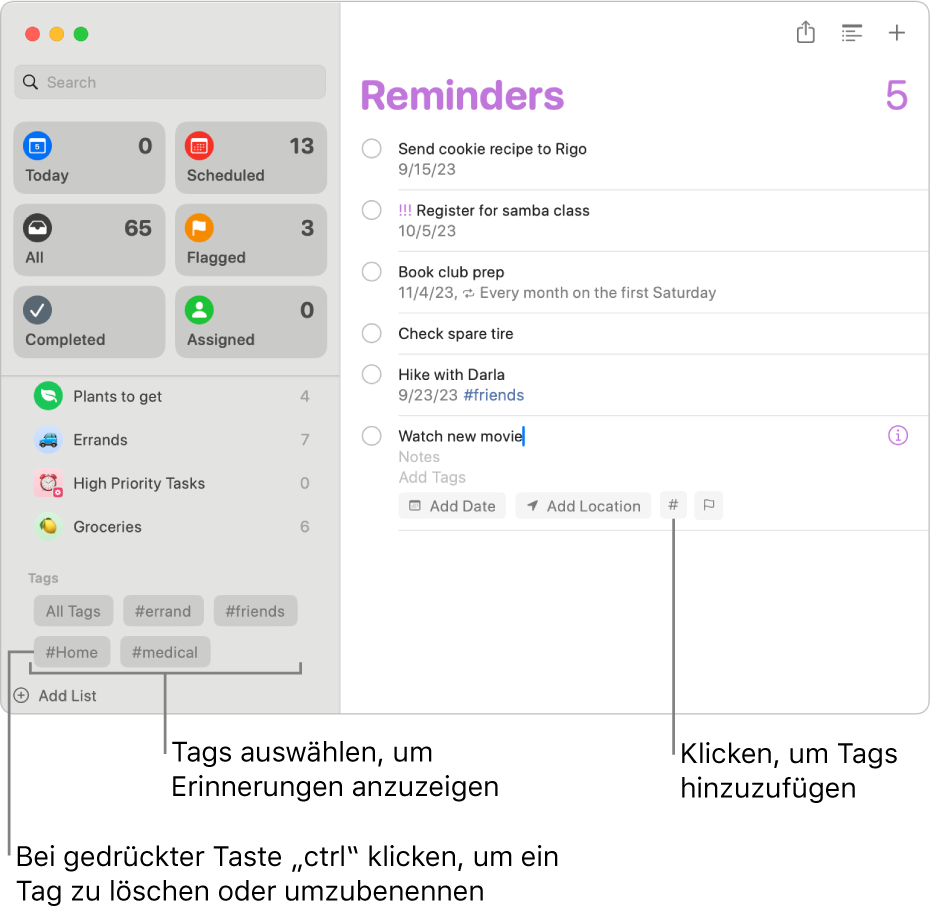 Ein Fenster „Erinnerungen“ zeigt mehrere Tags in der Seitenleiste sowie eine Erinnerung, auf die ein Tag angewendet wurde.