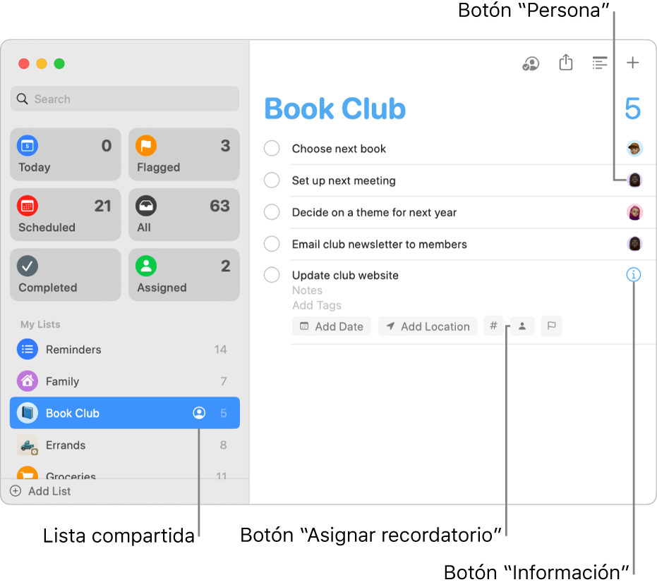 Una ventana de Recordatorios mostrando una lista compartida con recordatorios asignados.