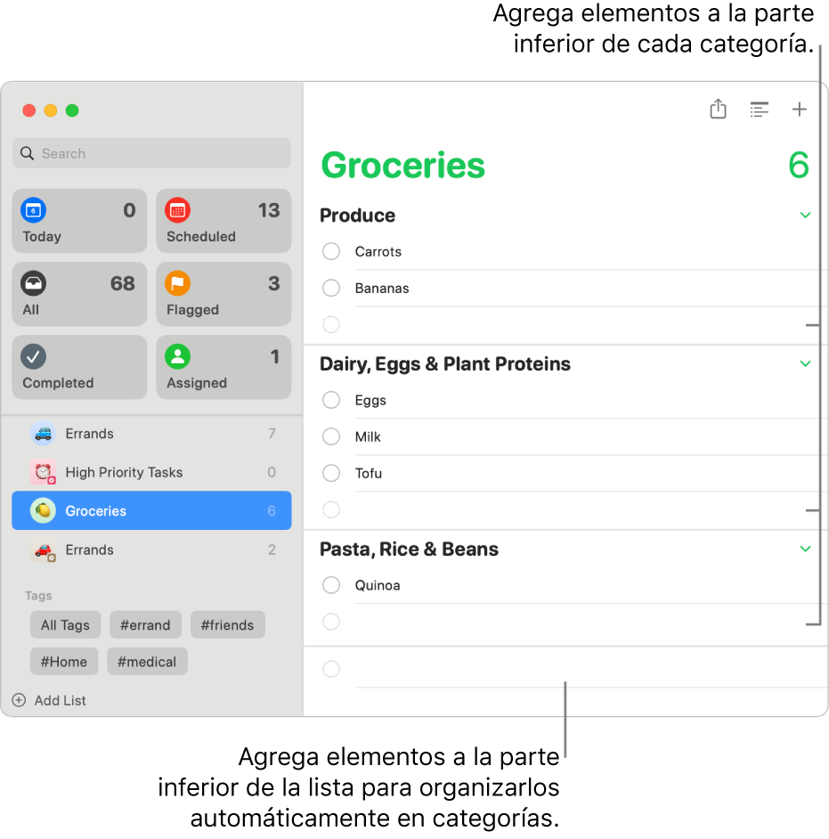 Una lista del súper con elementos en tres categorías. Hay campos vacíos en la parte inferior de cada categoría para agregar elementos, y un campo vacío en la parte inferior de la lista entera para agregar elementos que se agregan automáticamente en categorías.