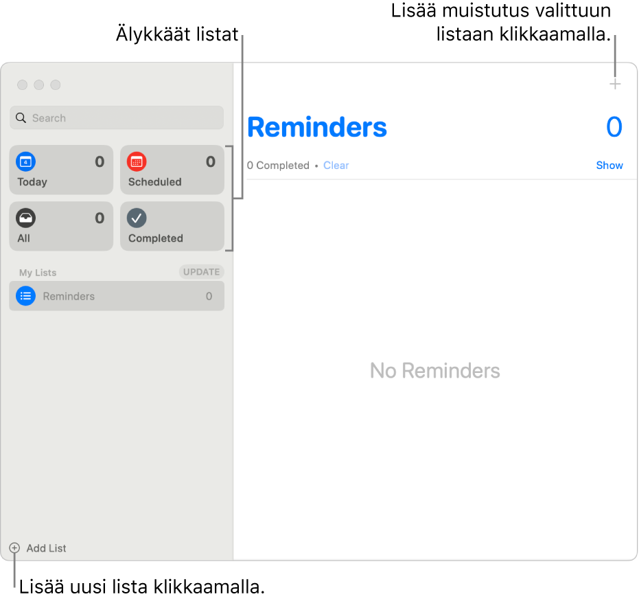 Muistutukset-ikkuna, jossa on Lisää lista -painike oikeassa alakulmassa, Lisää muistutus -painike oikeassa yläkulmassa ja älykkäitä listoja sivupalkissa.