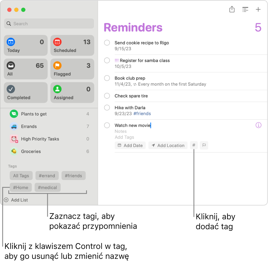 Okno aplikacji Przypomnienia pokazujące kilka tagów na pasku bocznym i przypomnienie, do którego zastosowano jeden tag.