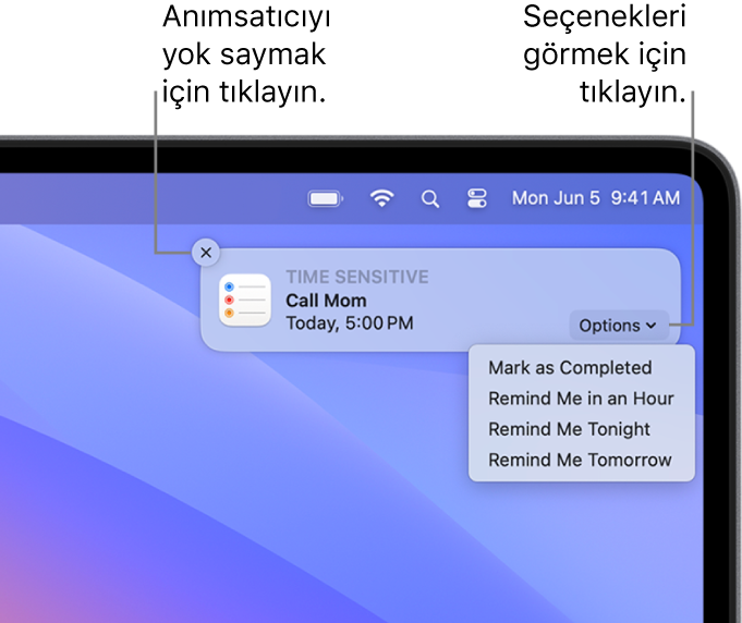 Tamamlandı ve Daha Sonra düğmelerini gösteren anımsatıcı bildirimi.