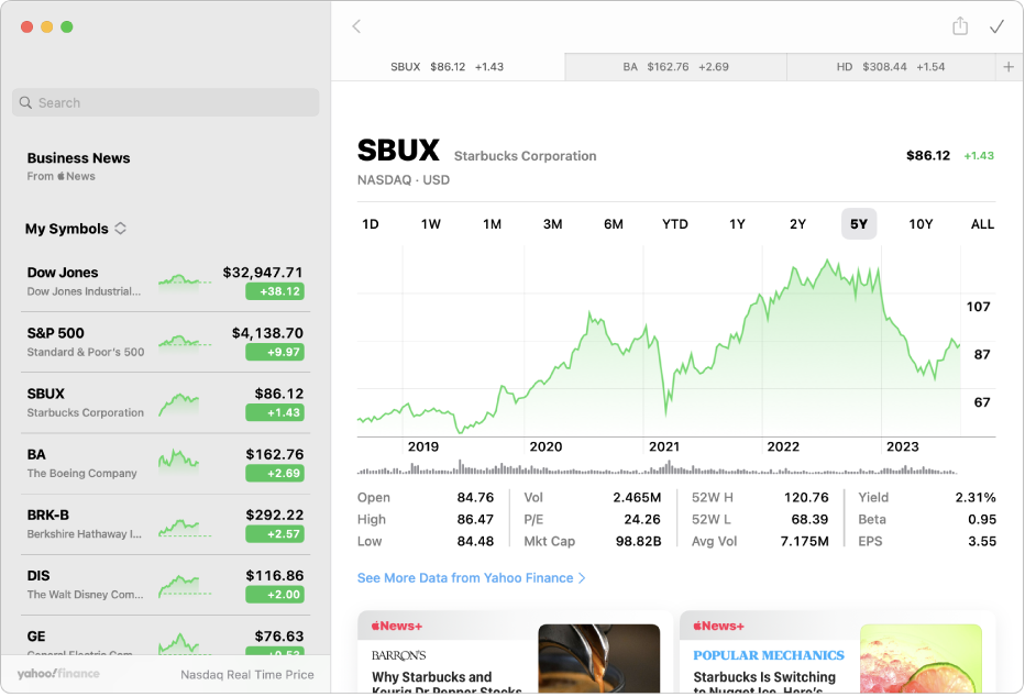 A Stocks window, showing the watchlist on the left, a chart in the upper right, and news headlines in the lower right.