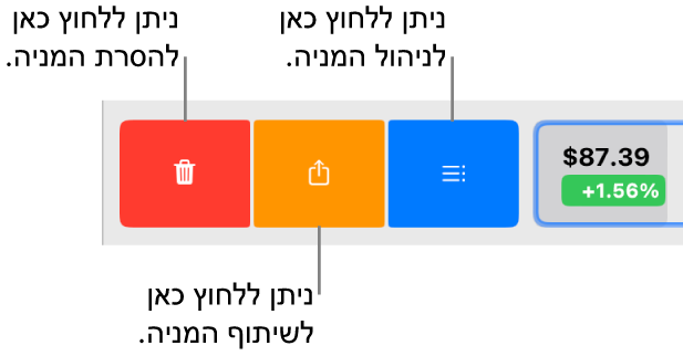 כפתורי הניהול, השיתוף וההסרה המופיעים בעת בחירת סימול מניה ברשימת המעקב והחלקה ימינה.