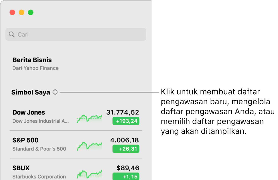 Menu pop-up daftar pengawasan di bagian atas bar samping dengan nama daftar pengawasan saat ini.