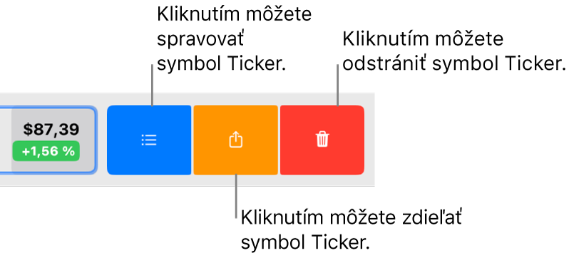 Tlačidlá Spravovať, Zdieľať a Odstrániť, ktoré sa zobrazia, keď vyberiete symbol tickera v zozname akcií a potiahnete prstami doľava.