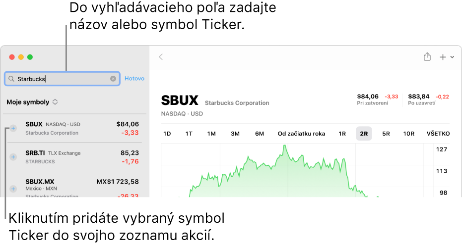 Okno apky Akcie s vyhľadávacím poľom, zoznamom výsledkov vyhľadávania a tlačidlom Pridať do zoznamu akcií.