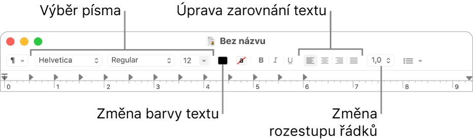 Nástrojový panel TextEditu pro formátované dokumenty s ovládacími prvky pro úpravu písma a zarovnání a řádkování textu