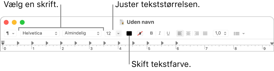 Værktøjslinjen i TextEdit med indstillinger til justering af tekststørrelse og -farve og skrift.